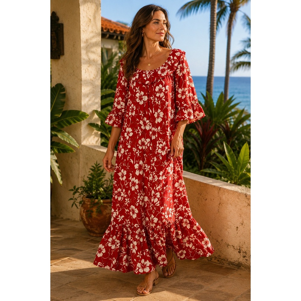 Vintage 90s Hilo Hattie Hawaiian Maxi Dress Hibiscus Muumuu Red Floral L
